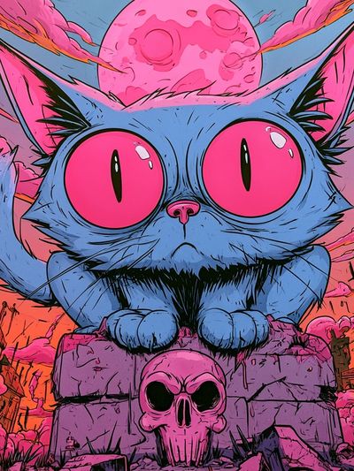 Neon Cat Skull Illustration Poster. poster