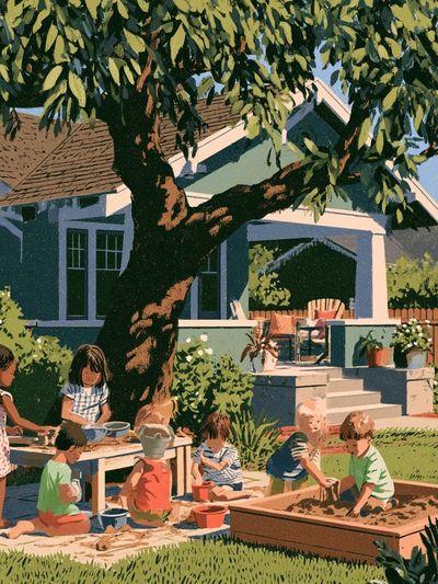 Backyard Playtime Illustration Poster. poster