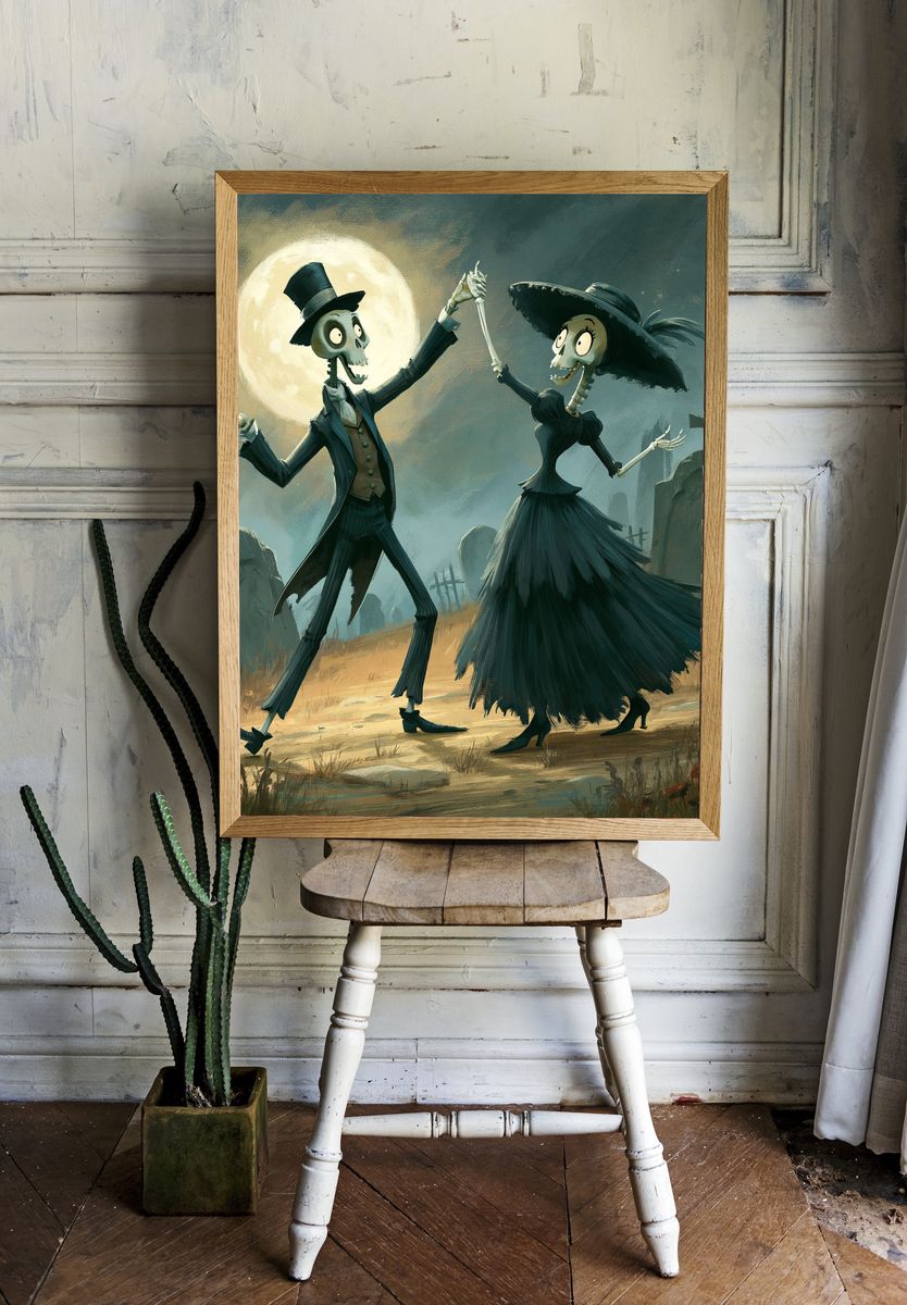 Moonlit Skeleton Dance Illustration Poster. room preview