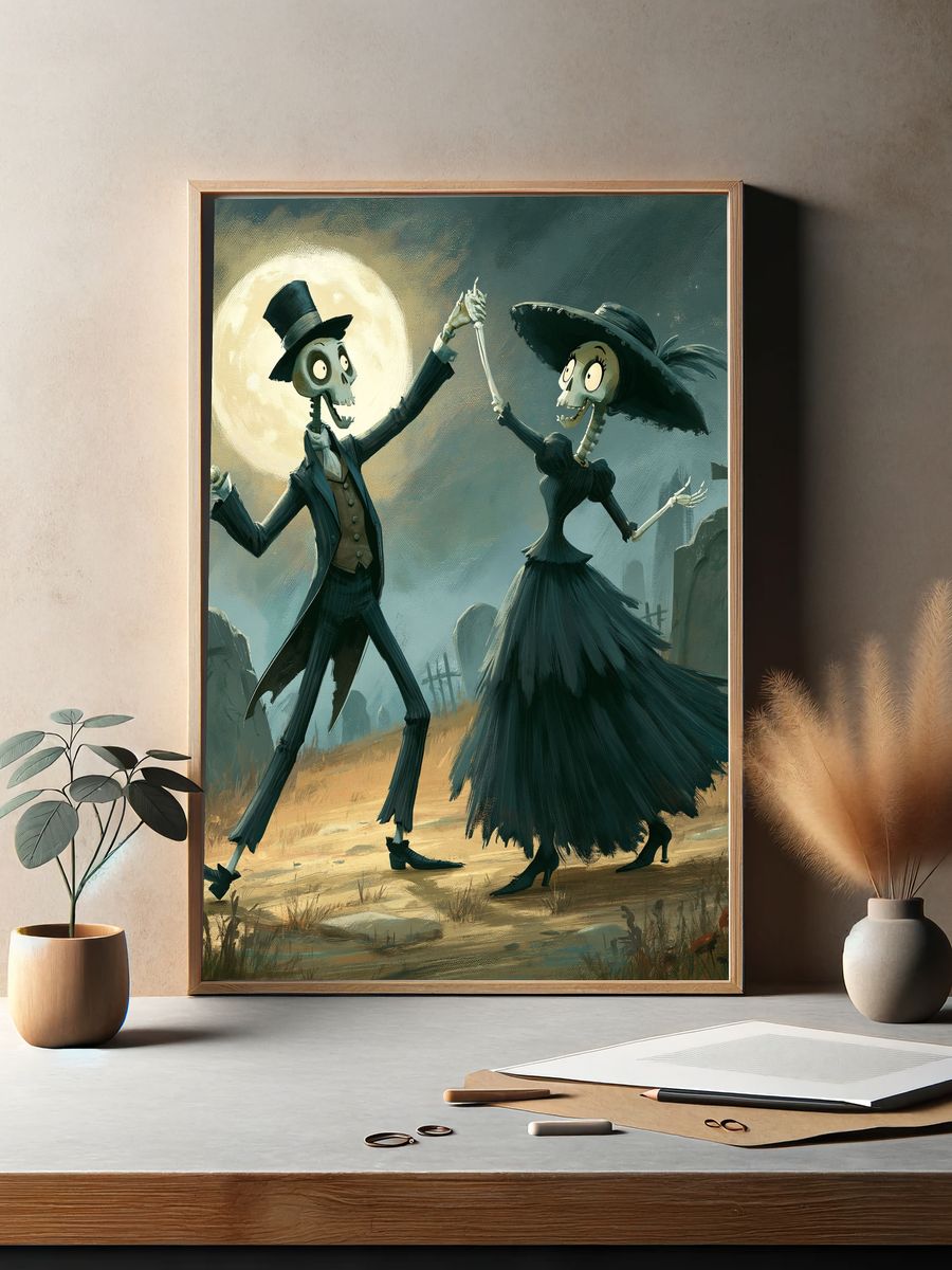 Moonlit Skeleton Dance Illustration Poster. — room view 2