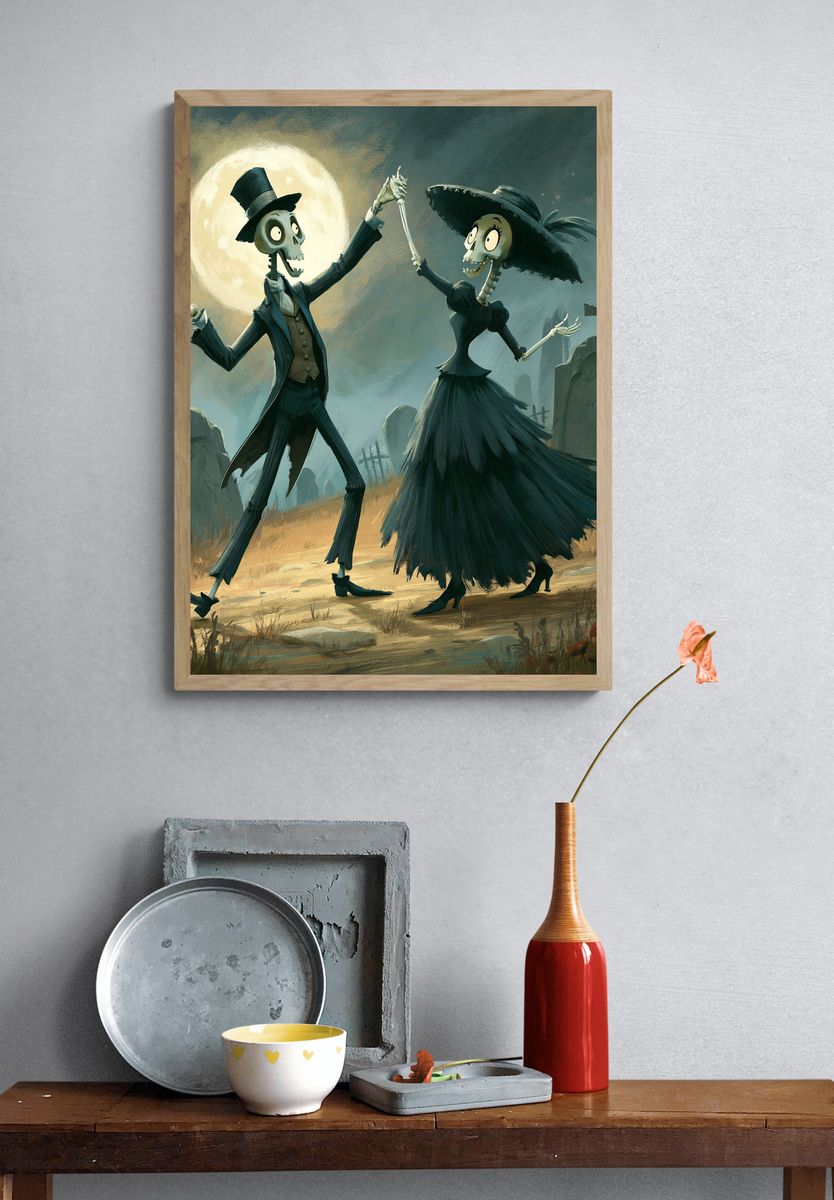Moonlit Skeleton Dance Illustration Poster. — room view 3