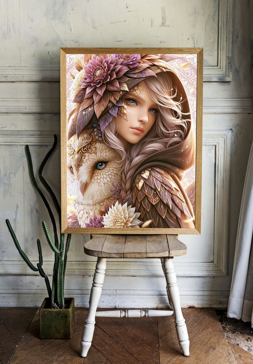 Fantasy Girl and Owl Illustration Poster. — room view 1