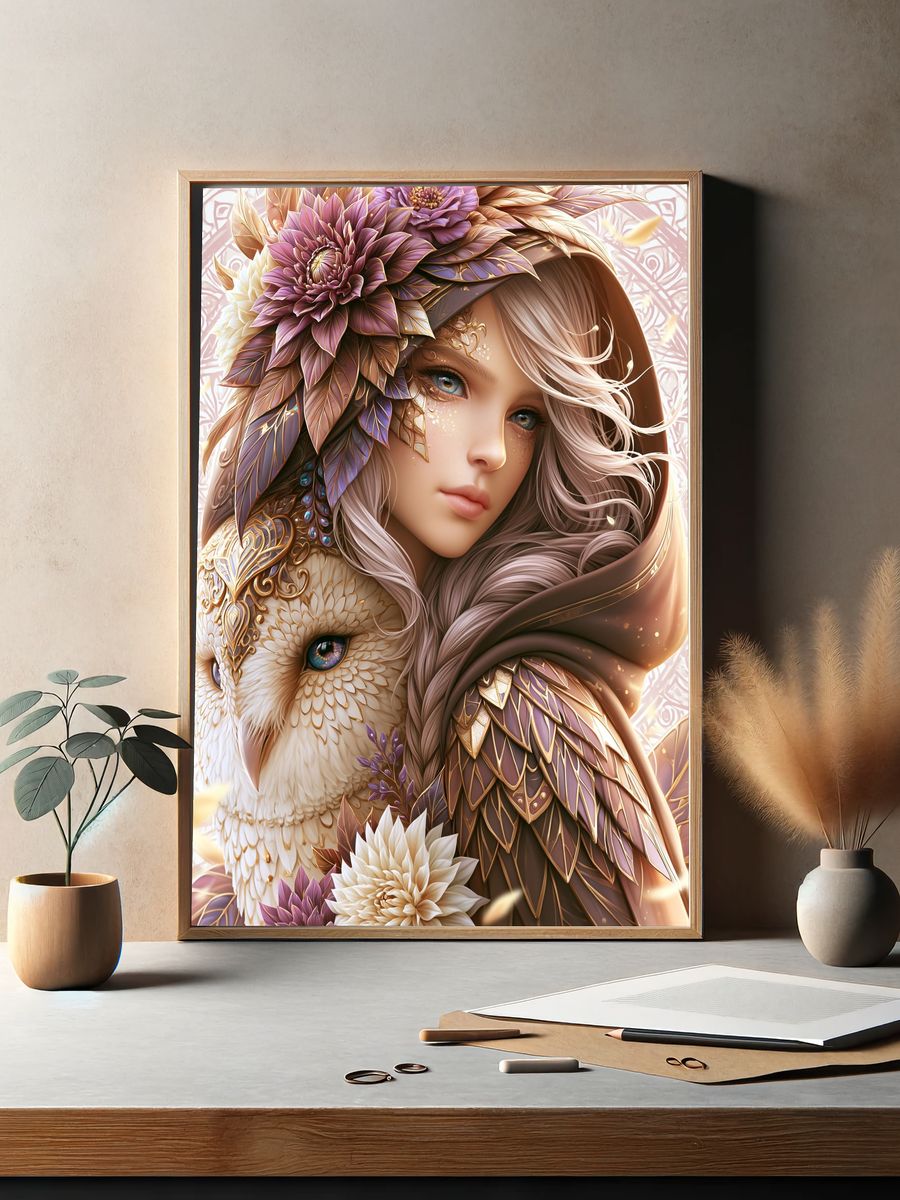 Fantasy Girl and Owl Illustration Poster. — room view 2