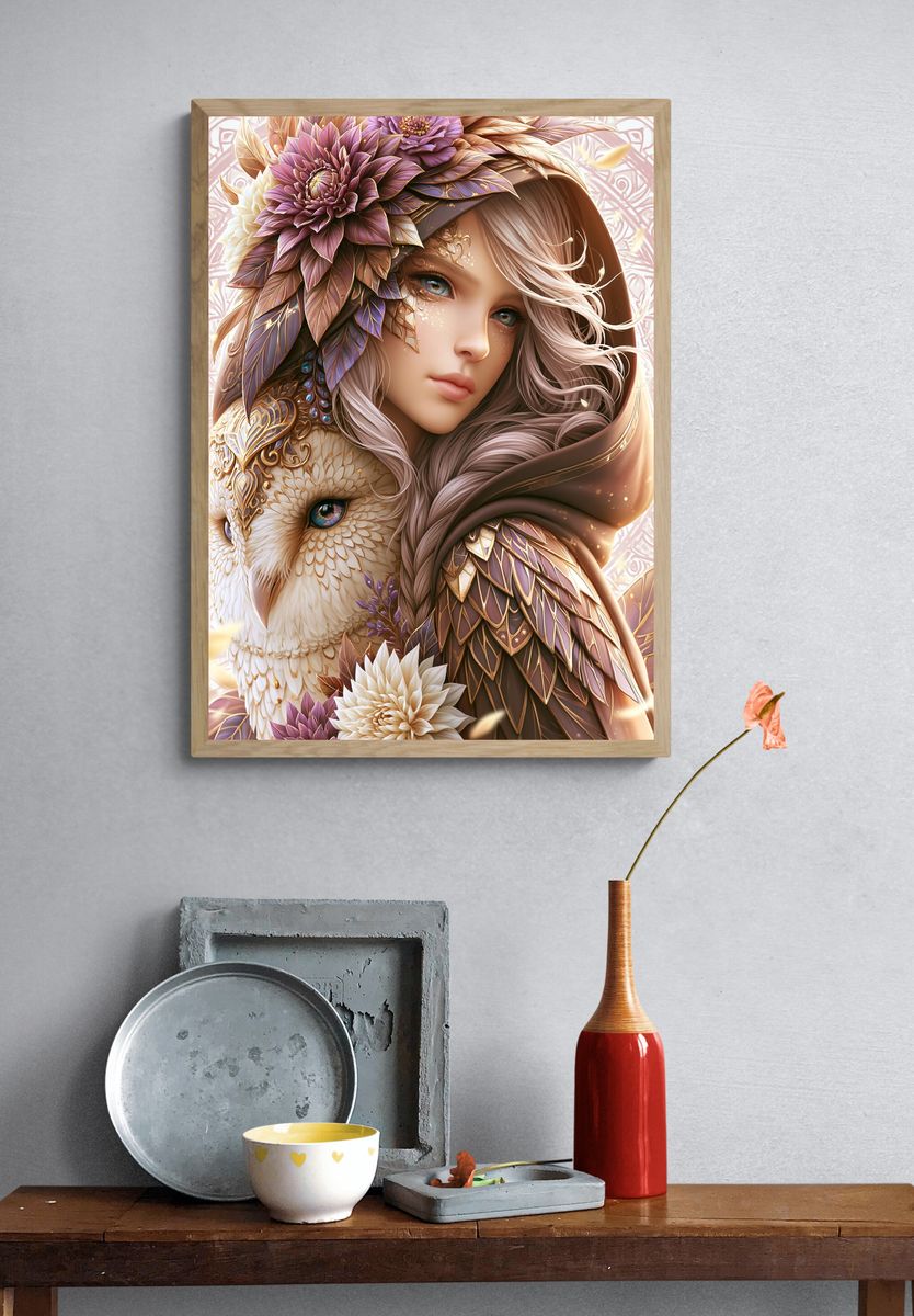 Fantasy Girl and Owl Illustration Poster. — room view 3