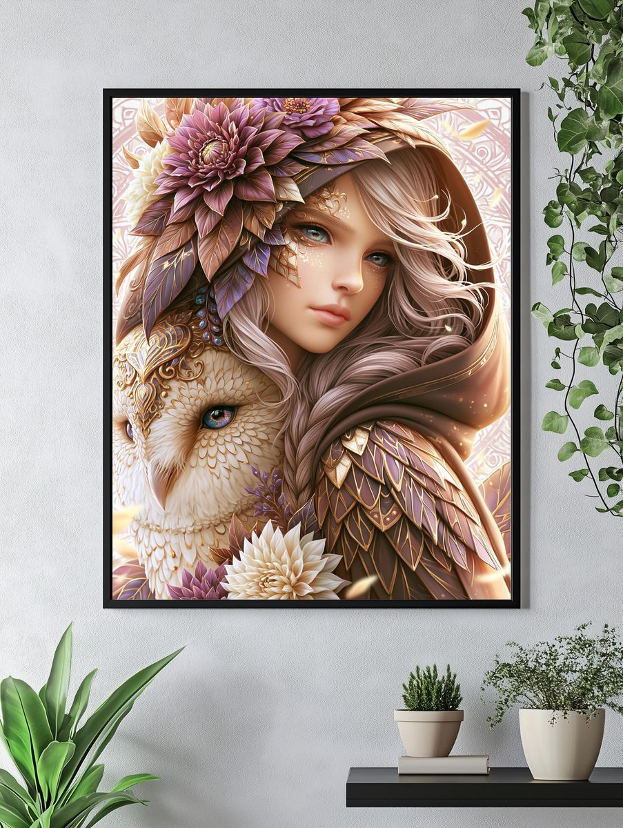 Fantasy Girl and Owl Illustration Poster. — room view 4