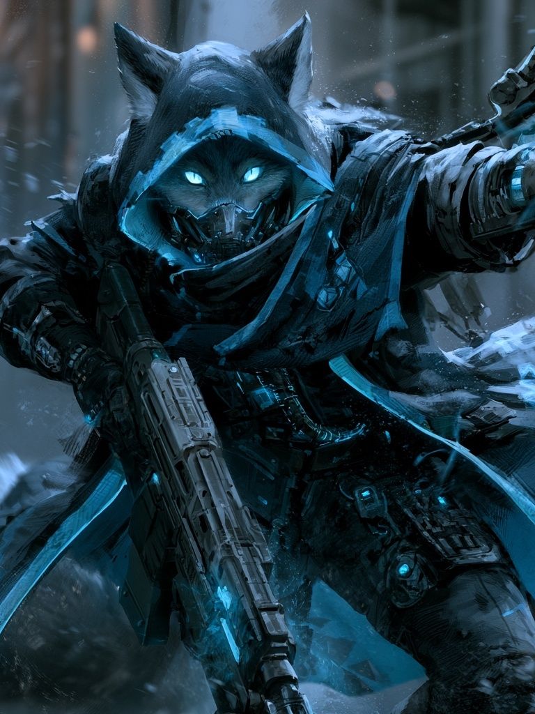 Cyber Wolf Assassin Digital Art Print. poster — illustration art