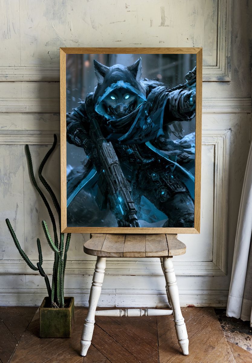 Cyber Wolf Assassin Digital Art Print. room preview