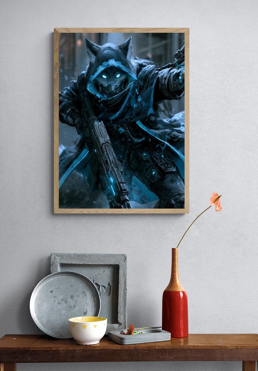 Cyber Wolf Assassin Digital Art Print. — room view 3