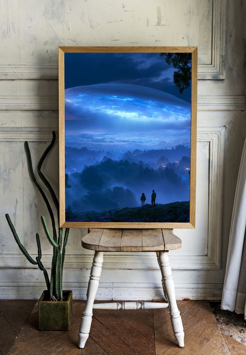 Blue UFO Over Misty Forest Poster. room preview