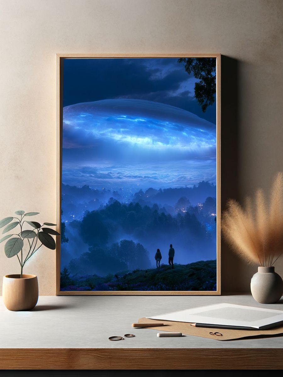 Blue UFO Over Misty Forest Poster. — room view 2
