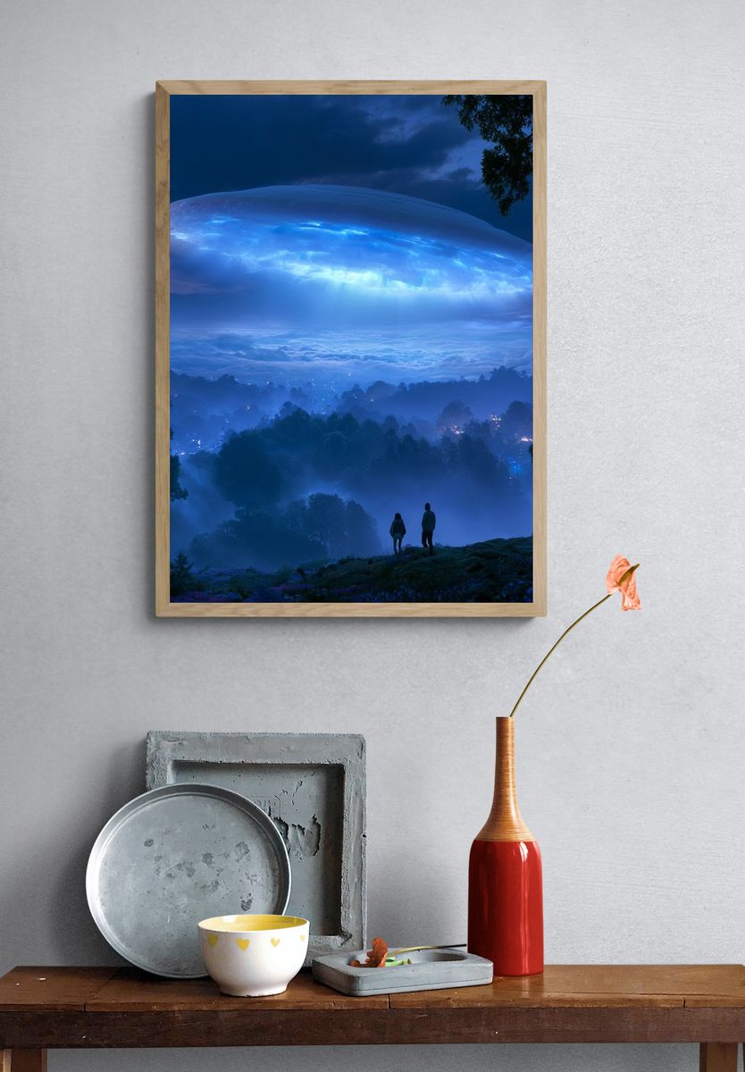 Blue UFO Over Misty Forest Poster. — room view 3