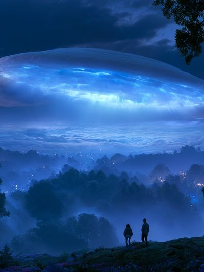 Blue UFO Over Misty Forest Poster.