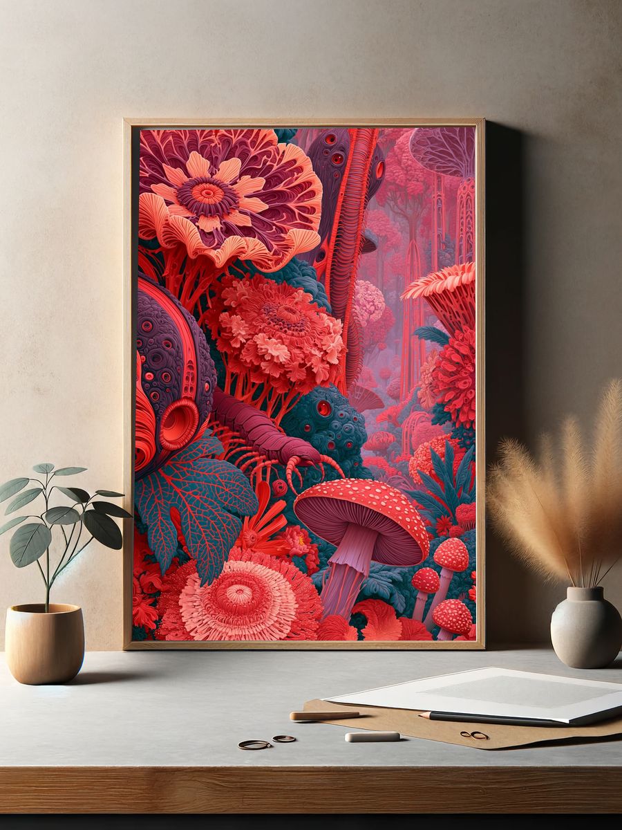 Surreal Mushroom Forest Illustration Poster. — room view 2