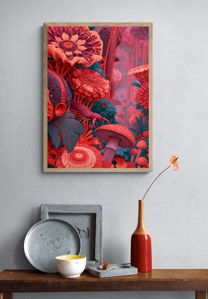 Surreal Mushroom Forest Illustration Poster. — room view 3