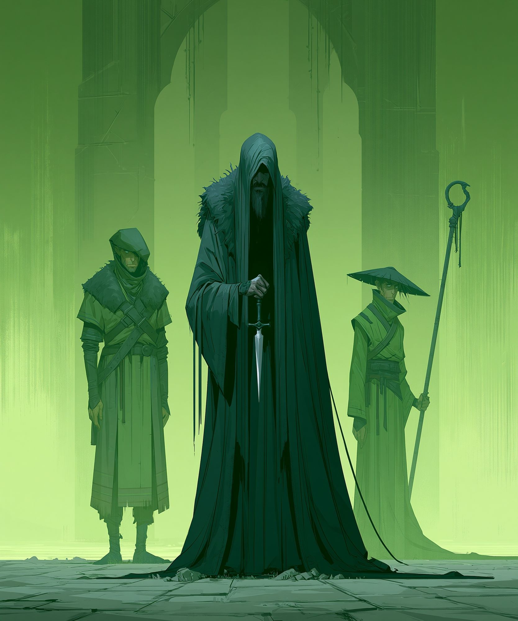 Green Hooded Guardians Illustration Poster. poster — illustration art