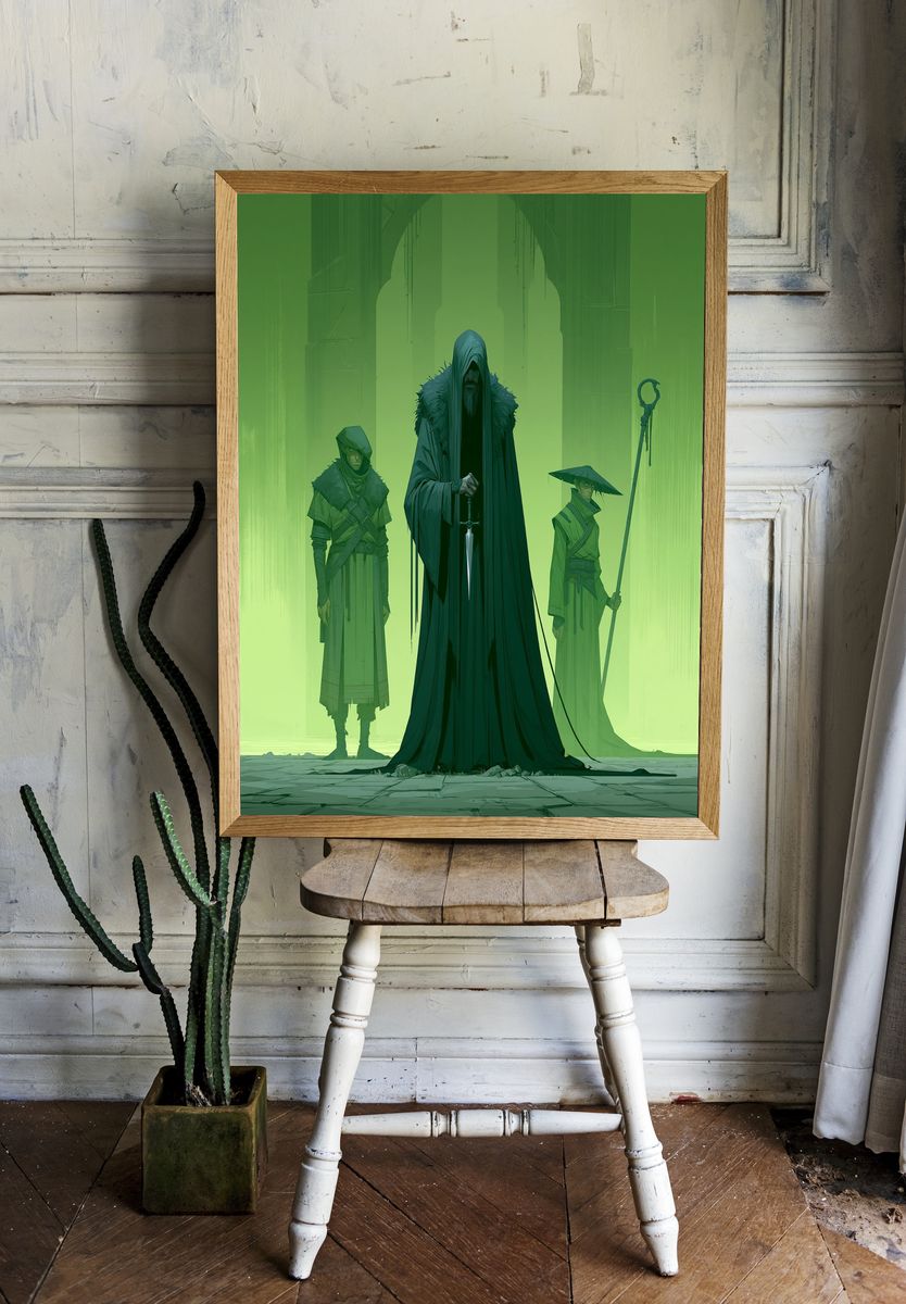Green Hooded Guardians Illustration Poster. — room view 1