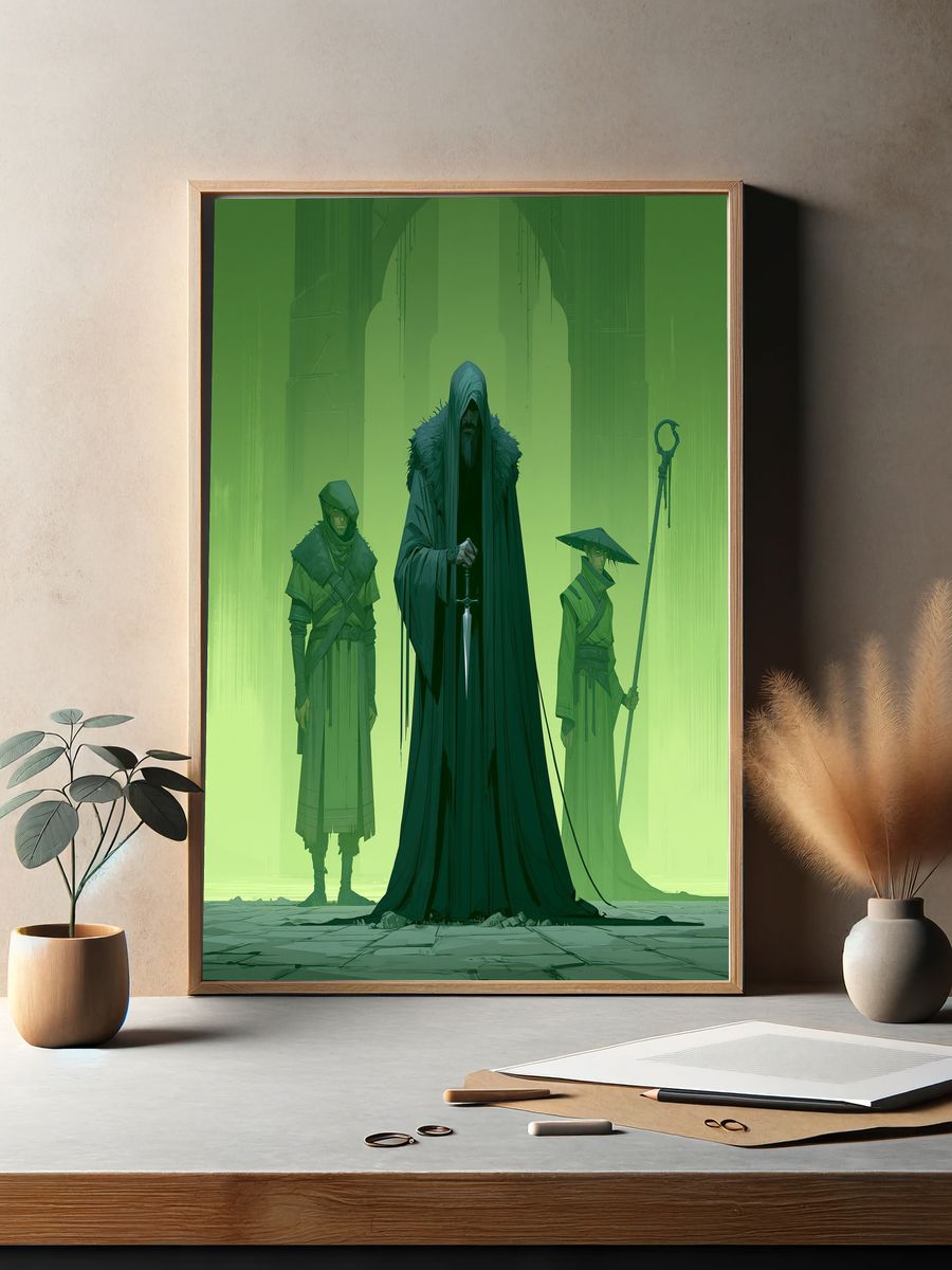 Green Hooded Guardians Illustration Poster. — room view 2