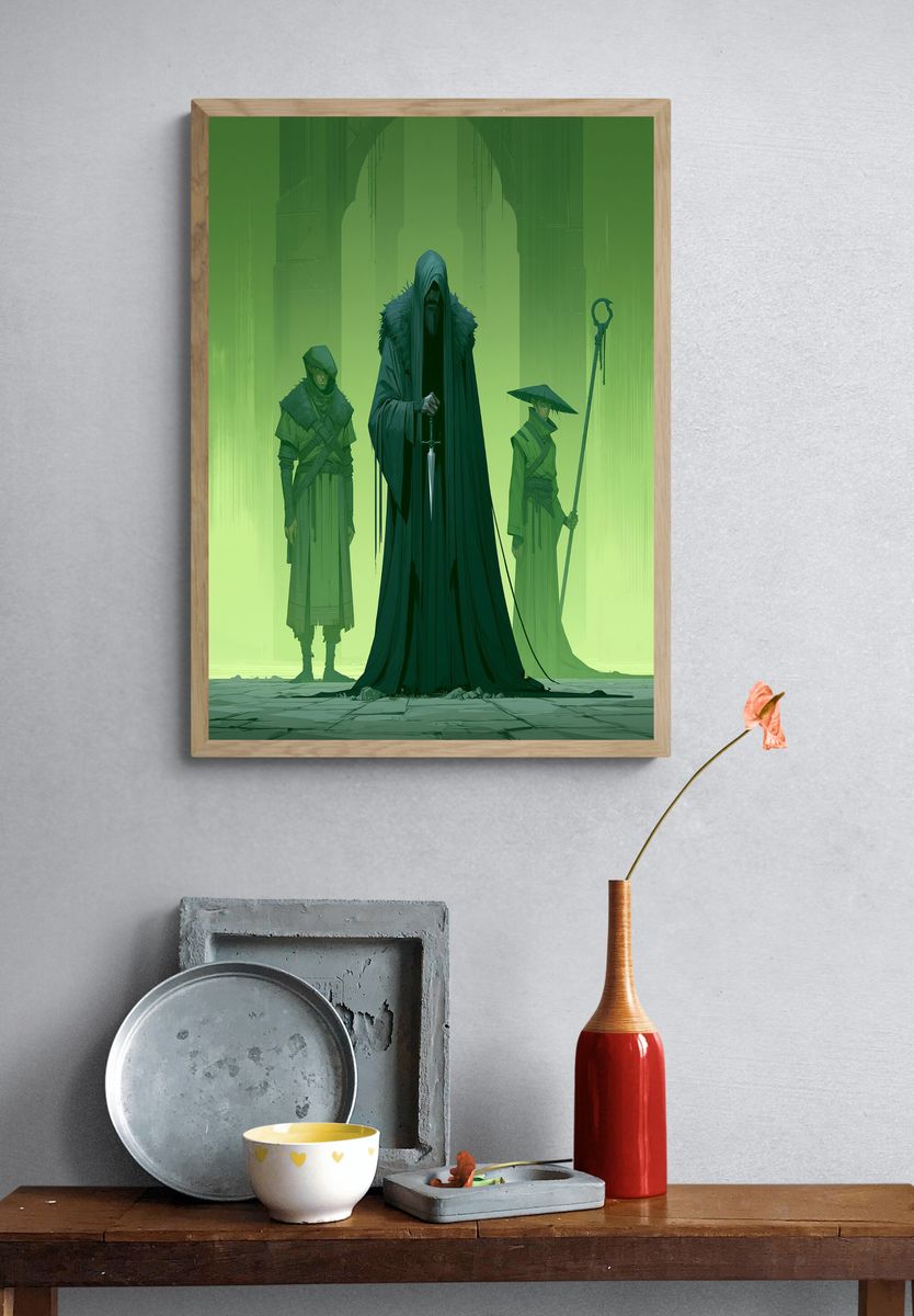 Green Hooded Guardians Illustration Poster. — room view 3