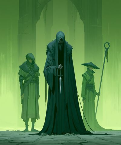 Green Hooded Guardians Illustration Poster. poster