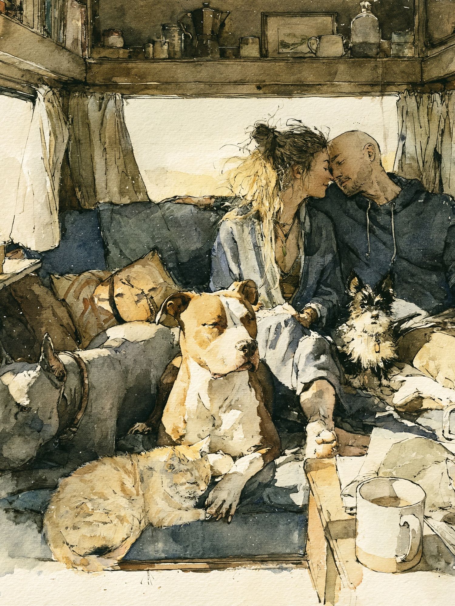 Cozy Van Life with Dogs Print. poster — illustration art