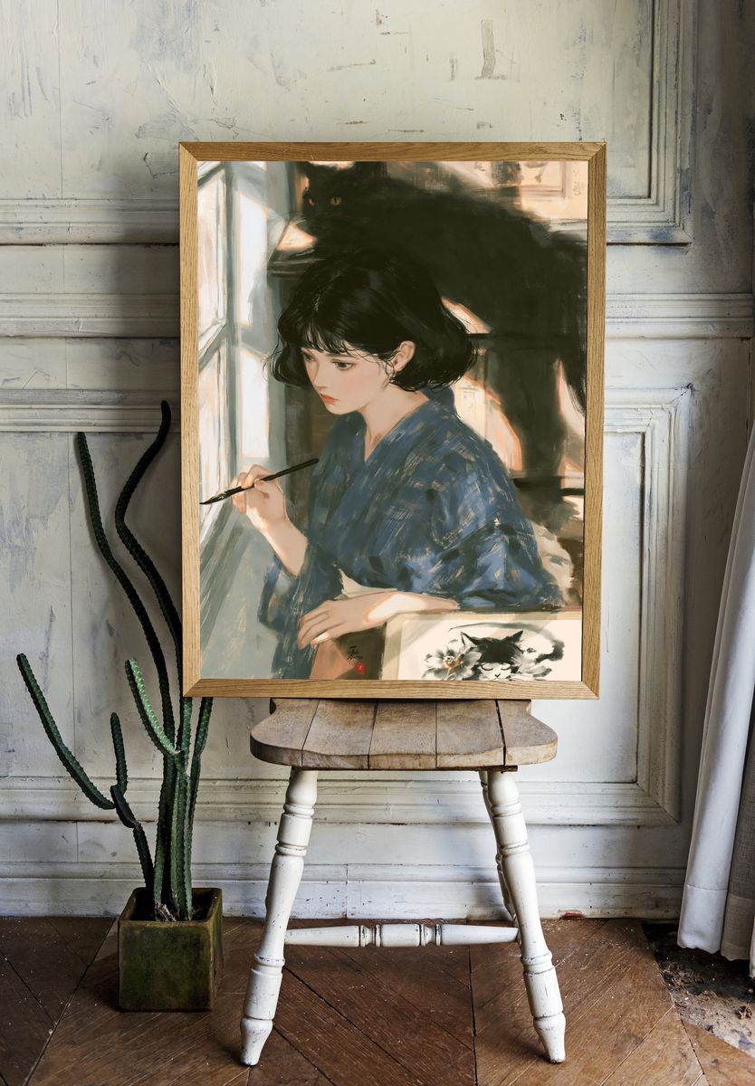 Girl with Black Cat Illustration Poster. room preview