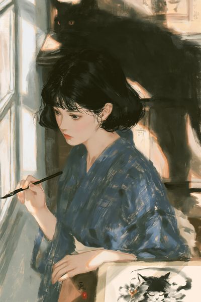 Girl with Black Cat Illustration Poster.