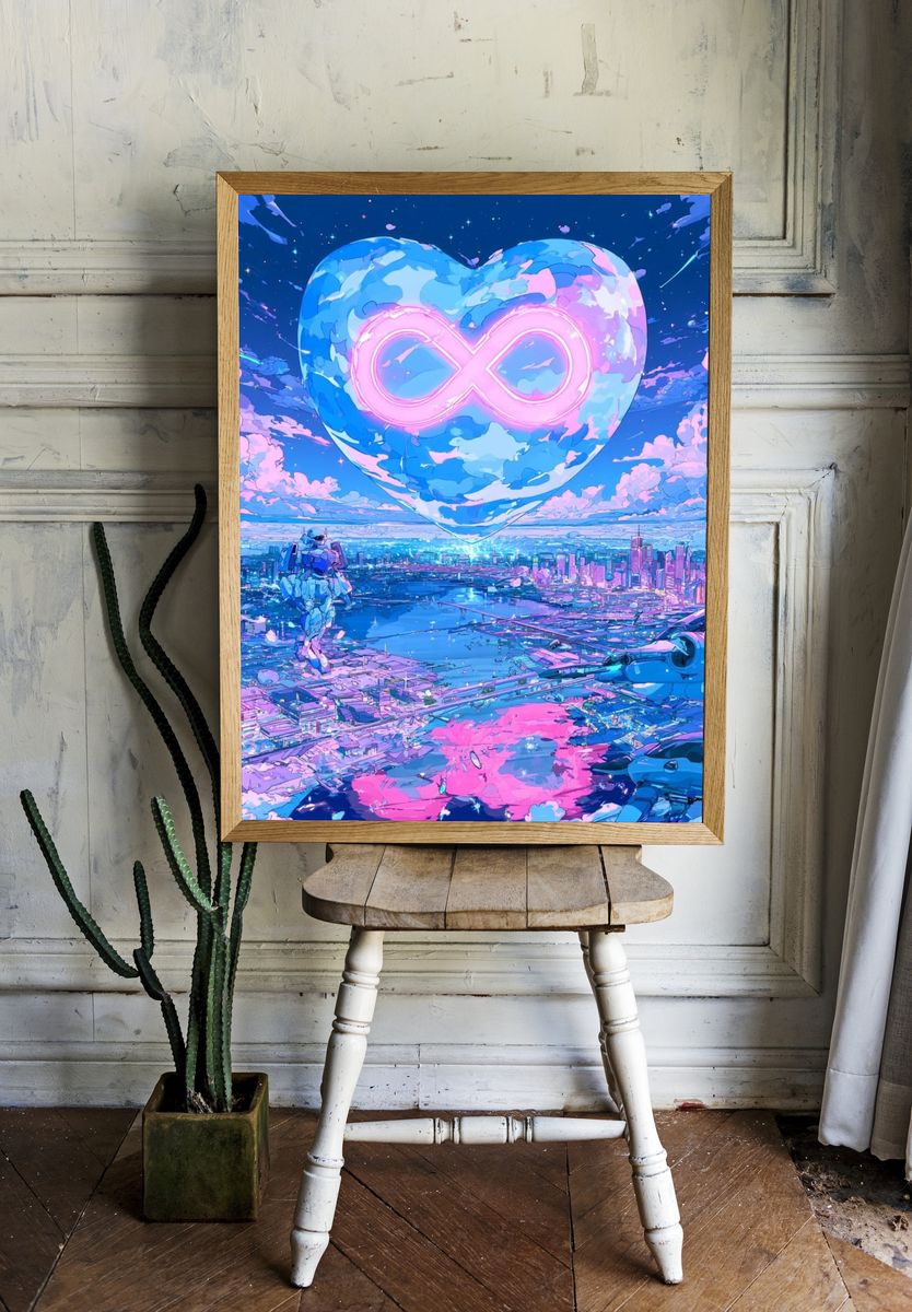Neon Infinity Heart Cityscape Print. room preview