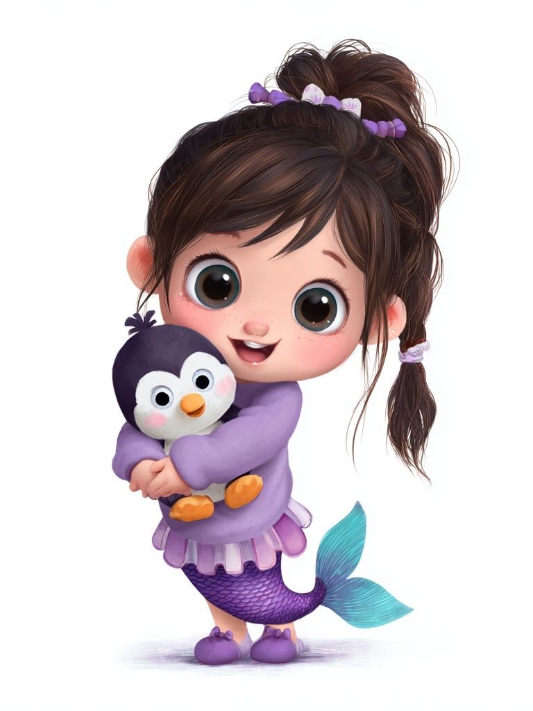 Mermaid Girl with Penguin Illustration Poster. poster — illustration art