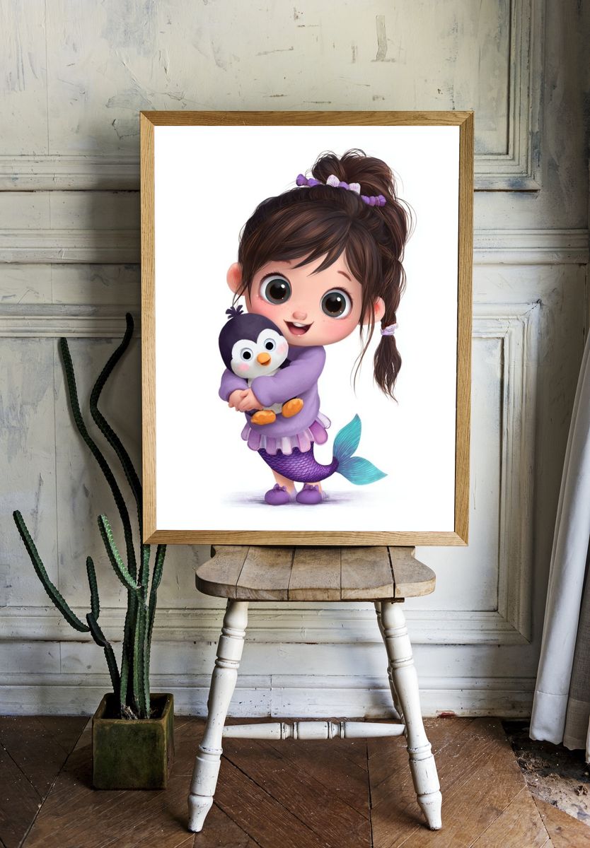 Mermaid Girl with Penguin Illustration Poster. — room view 1