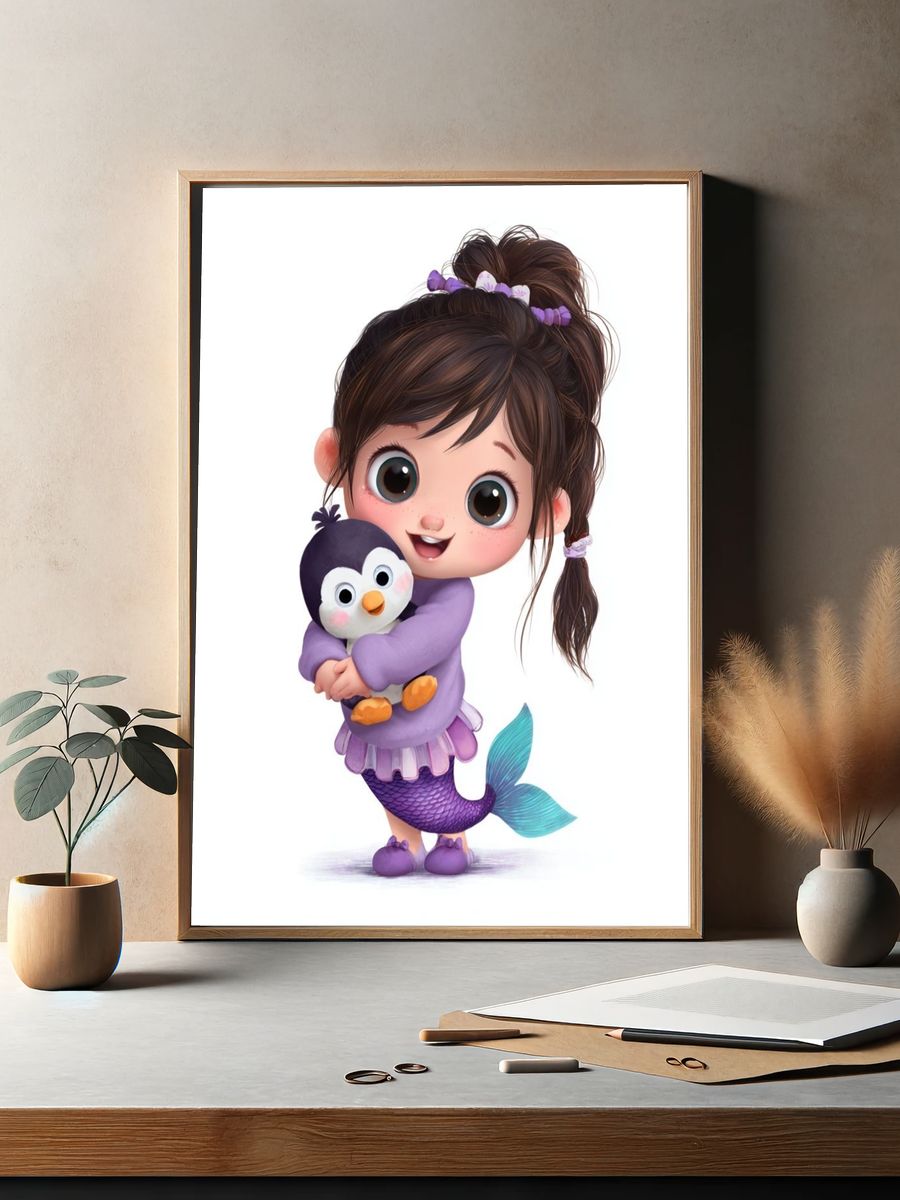 Mermaid Girl with Penguin Illustration Poster. — room view 2