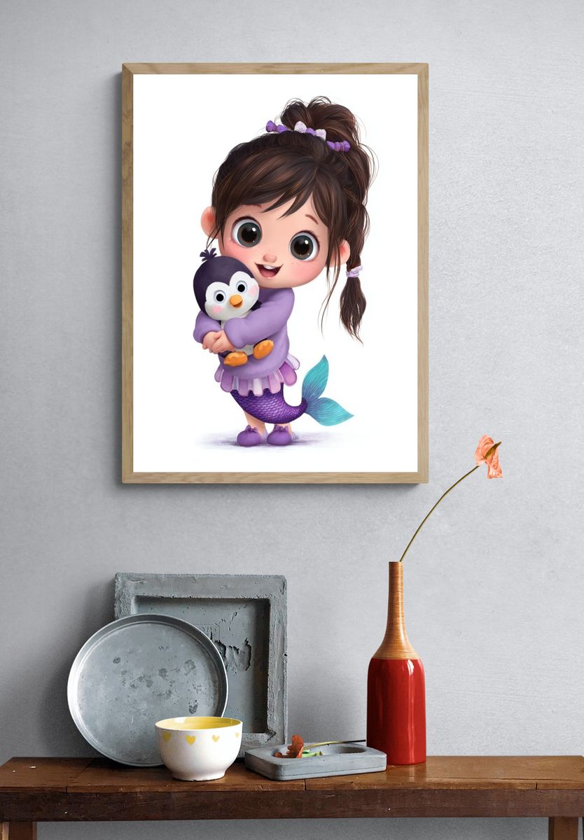 Mermaid Girl with Penguin Illustration Poster. — room view 3