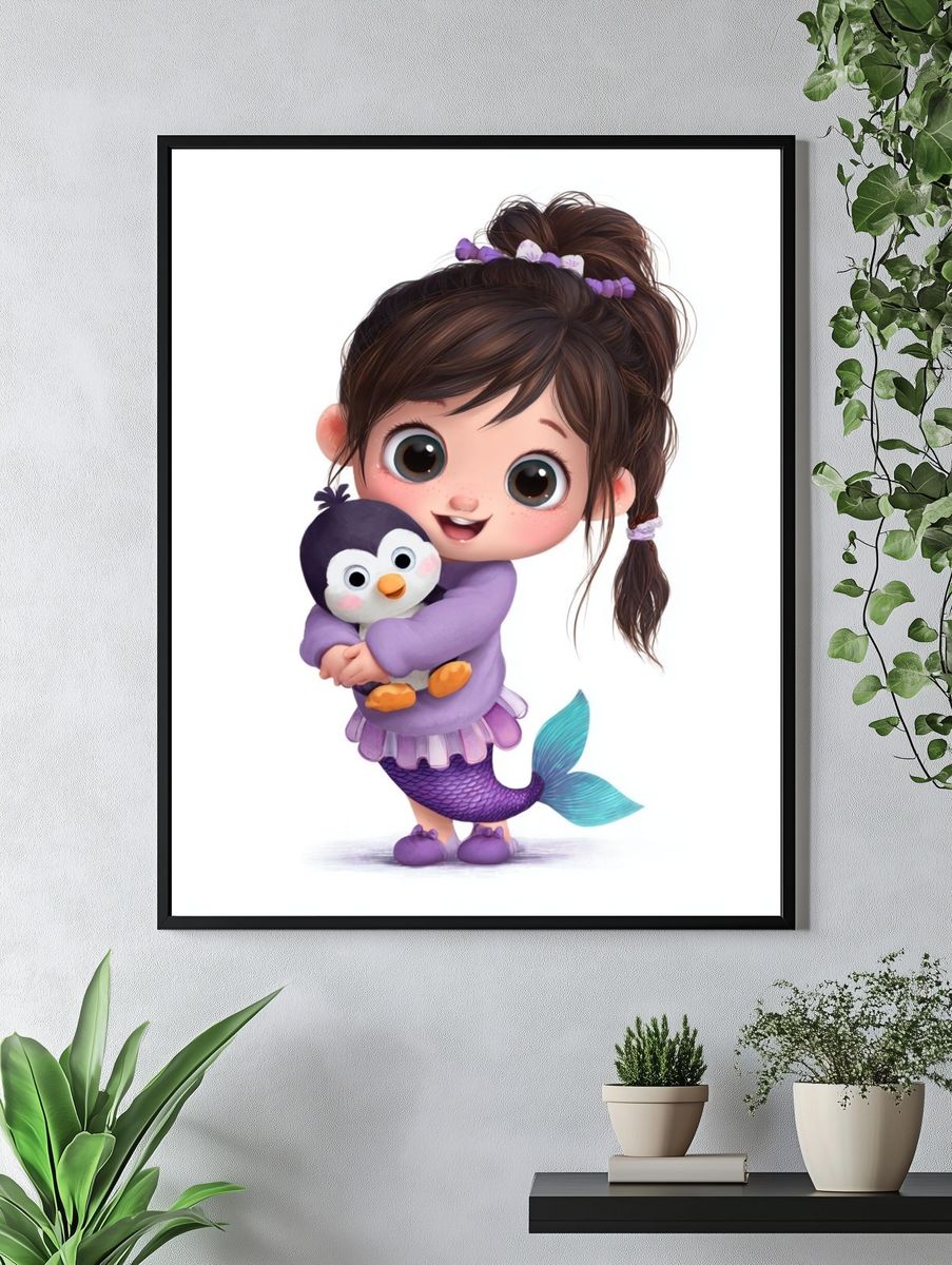 Mermaid Girl with Penguin Illustration Poster. — room view 4