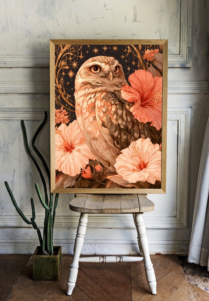 Hibiscus Owl Illustration Poster. room preview