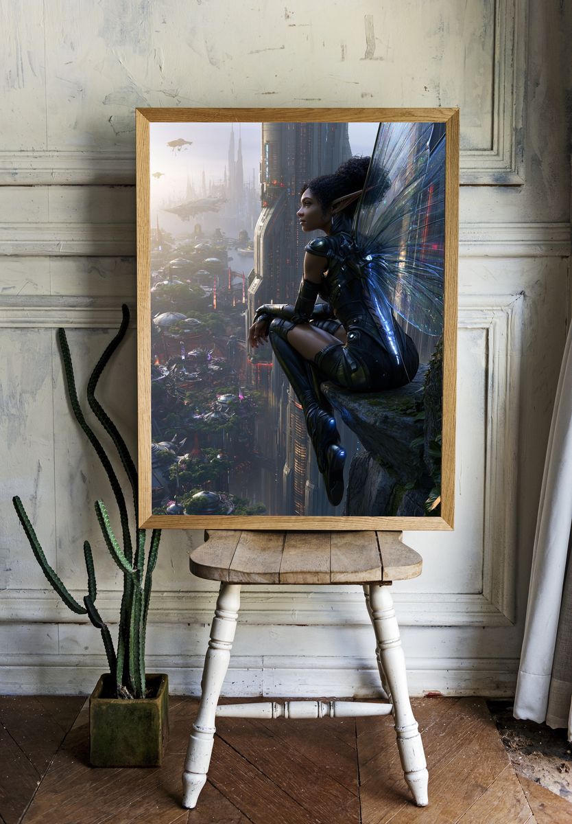 Futuristic Fairy Cityscape Print. room preview