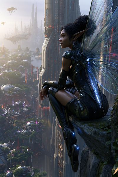Futuristic Fairy Cityscape Print. poster