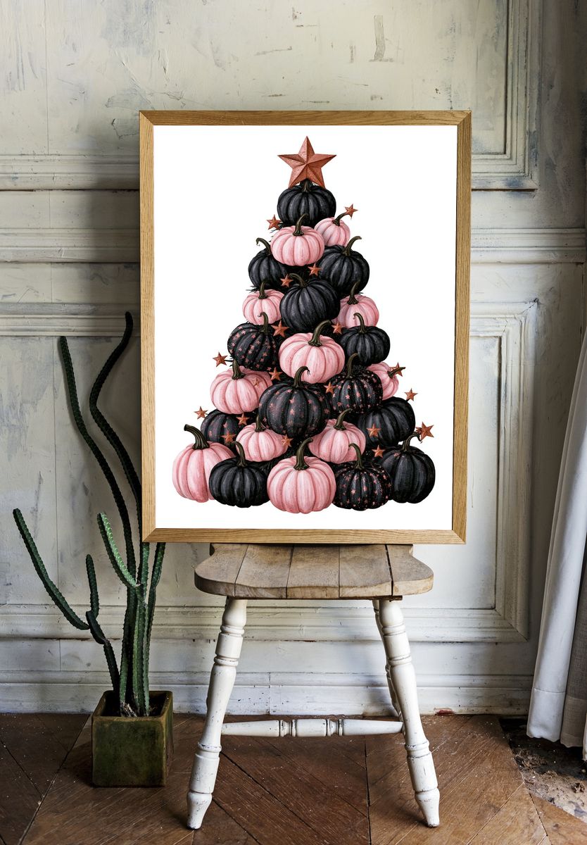 Pink and Black Pumpkin Tree Print. room preview