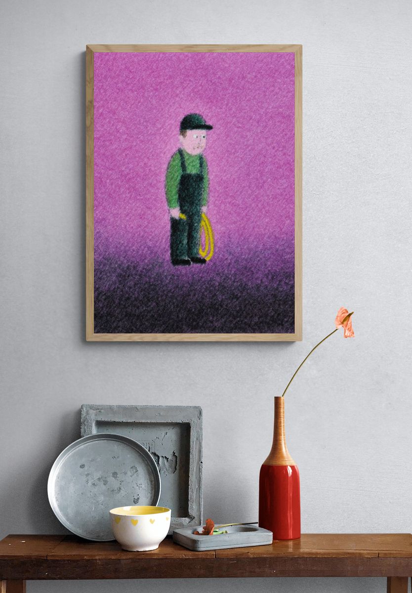 Worker on Purple Field Illustration Poster. — room view 3