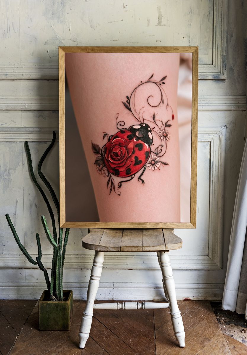 Ladybug Floral Tattoo Poster. — room view 1