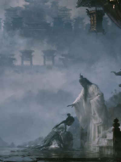 Misty Temple Ritual Illustration Poster.