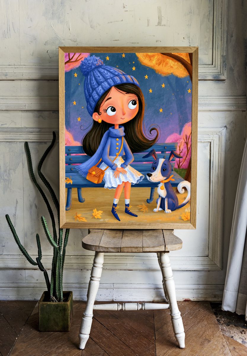 Autumn Girl and Dog Illustration Poster. — room view 1
