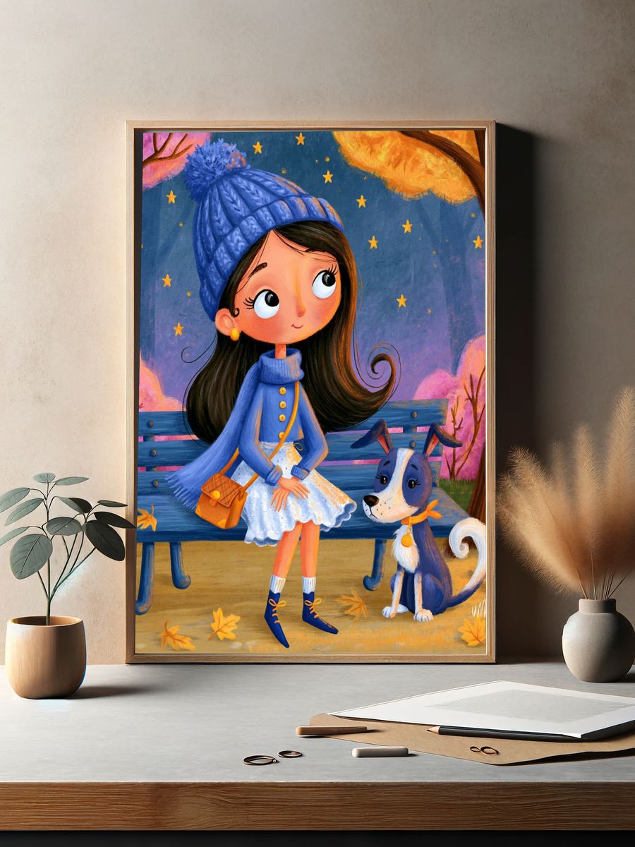 Autumn Girl and Dog Illustration Poster. — room view 2