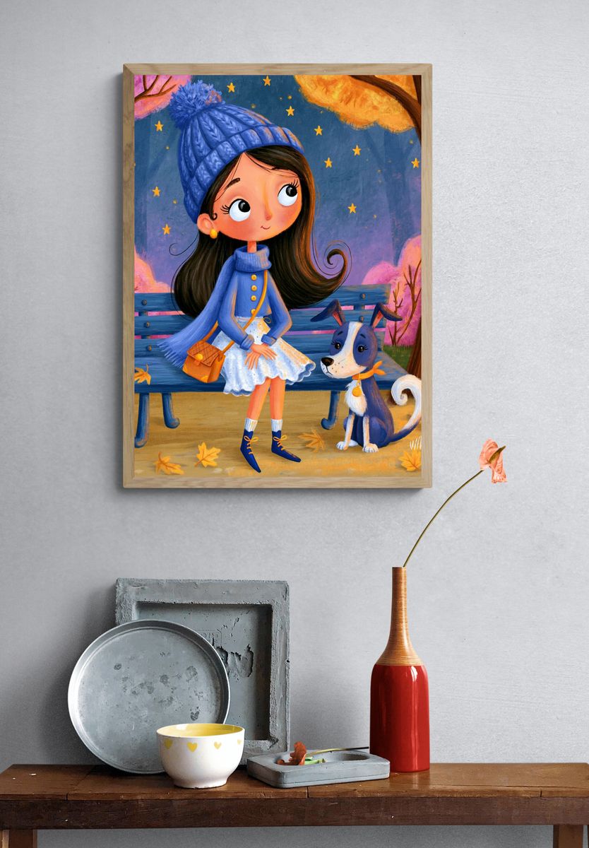 Autumn Girl and Dog Illustration Poster. — room view 3