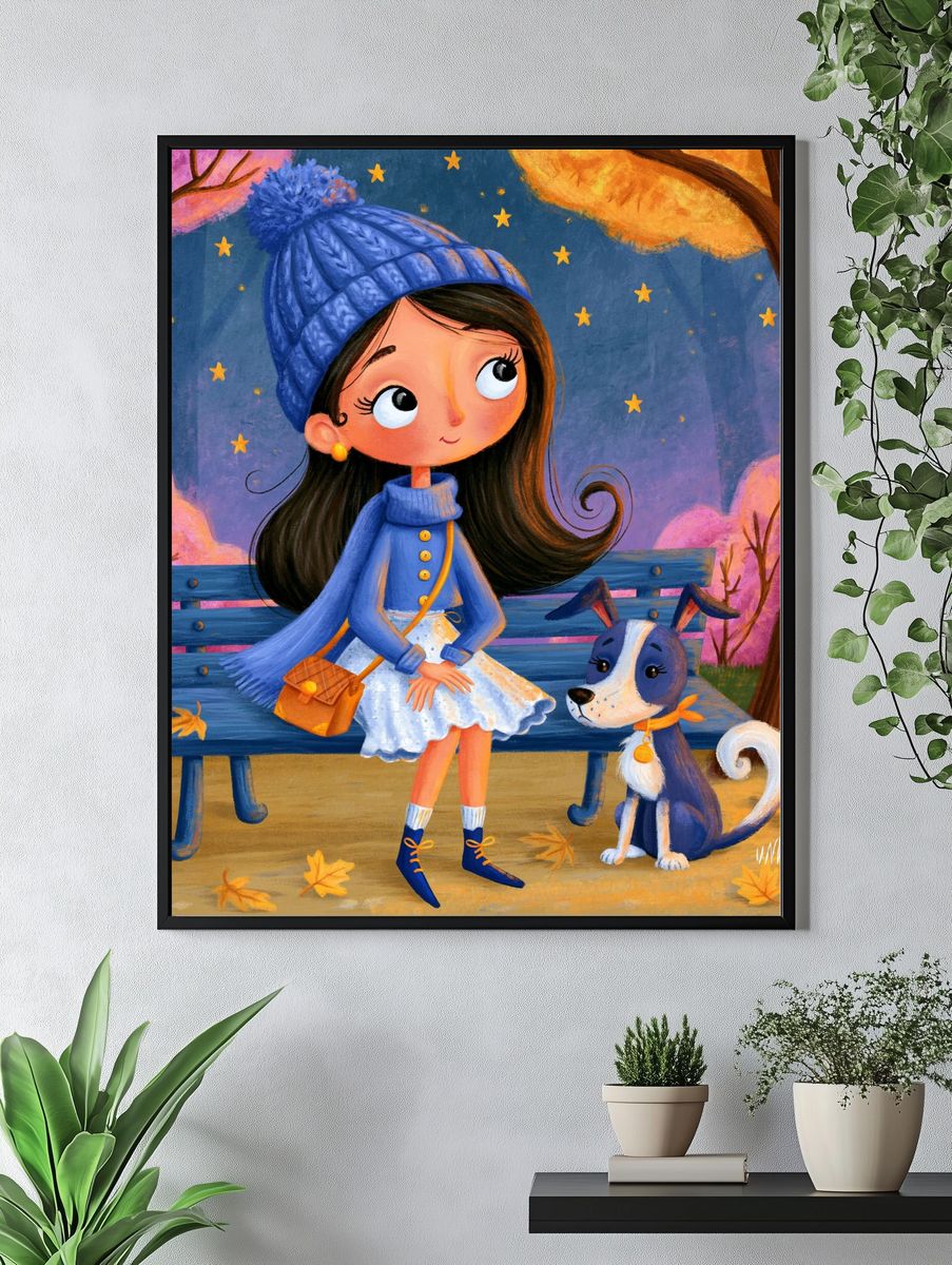 Autumn Girl and Dog Illustration Poster. — room view 4