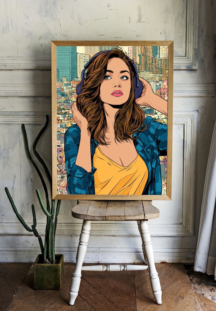 City Girl Headphones Illustration Poster. room preview