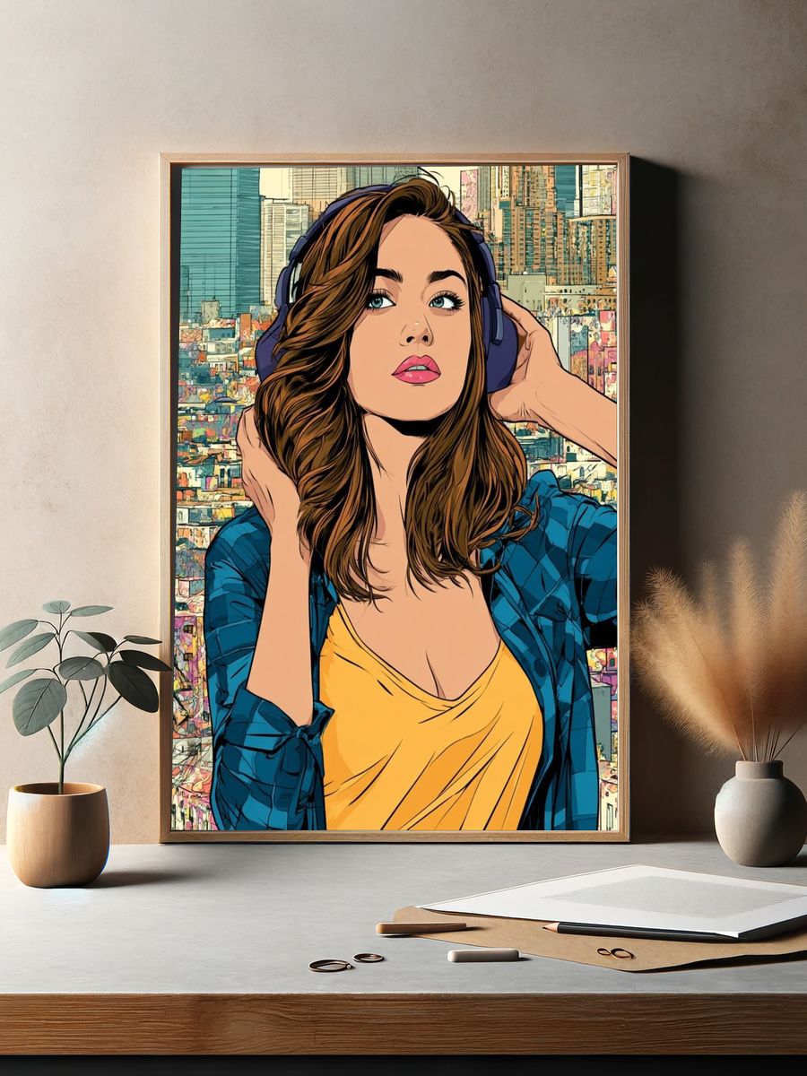 City Girl Headphones Illustration Poster. — room view 2