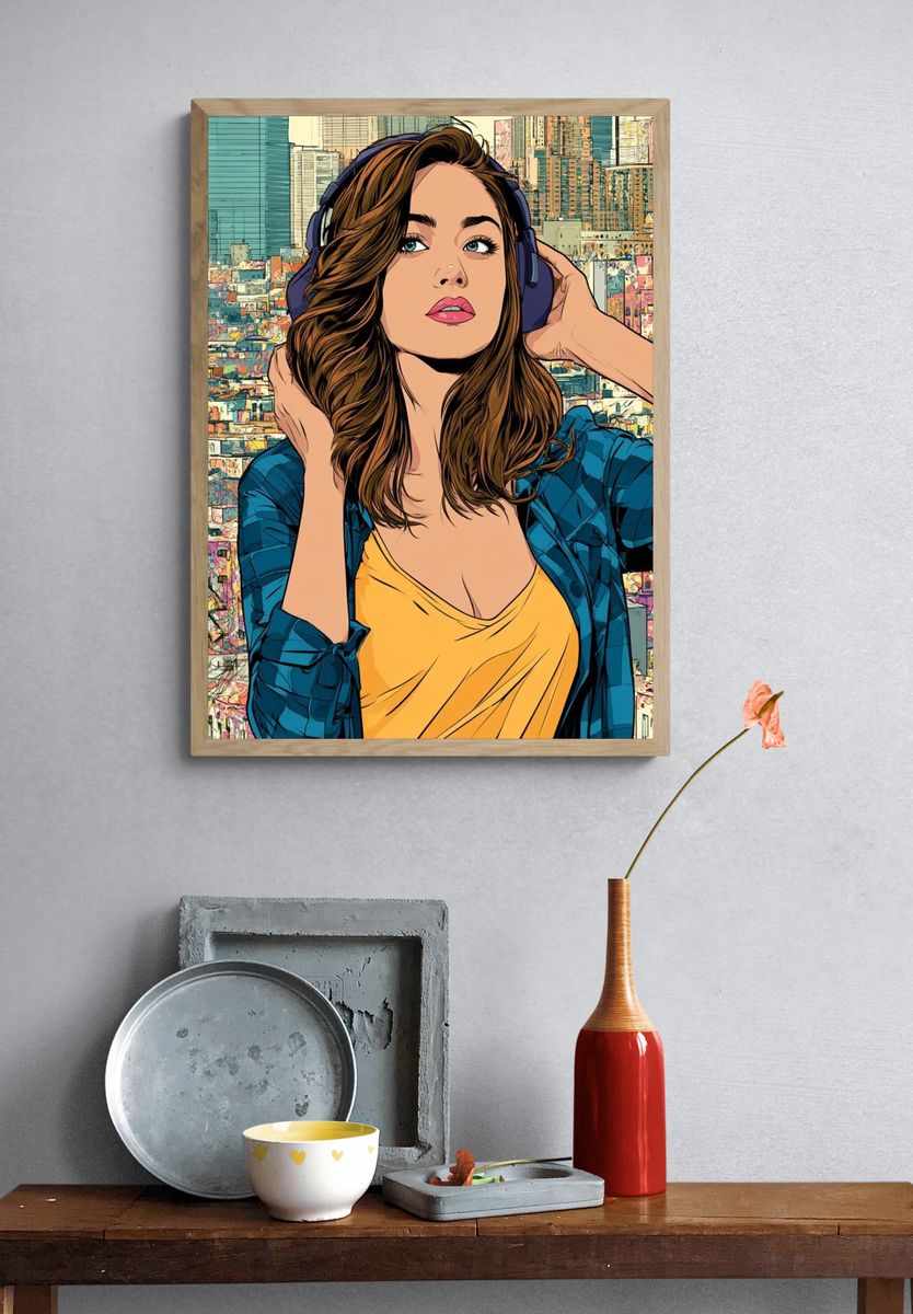 City Girl Headphones Illustration Poster. — room view 3