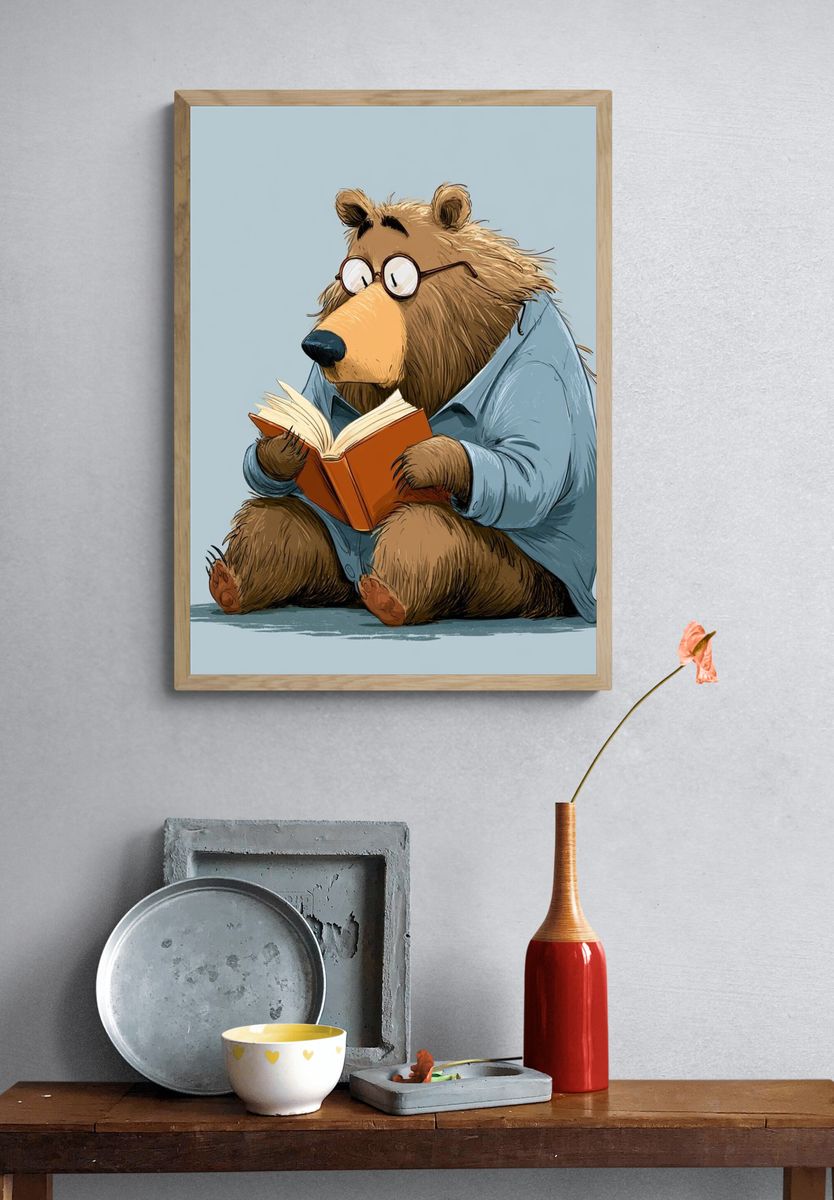 Reading Bear Illustration Poster. — room view 3
