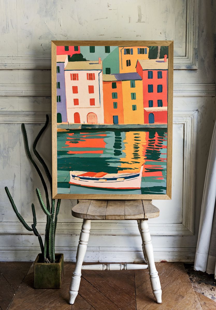 Colorful Harbor Village Illustration Poster. — room view 1
