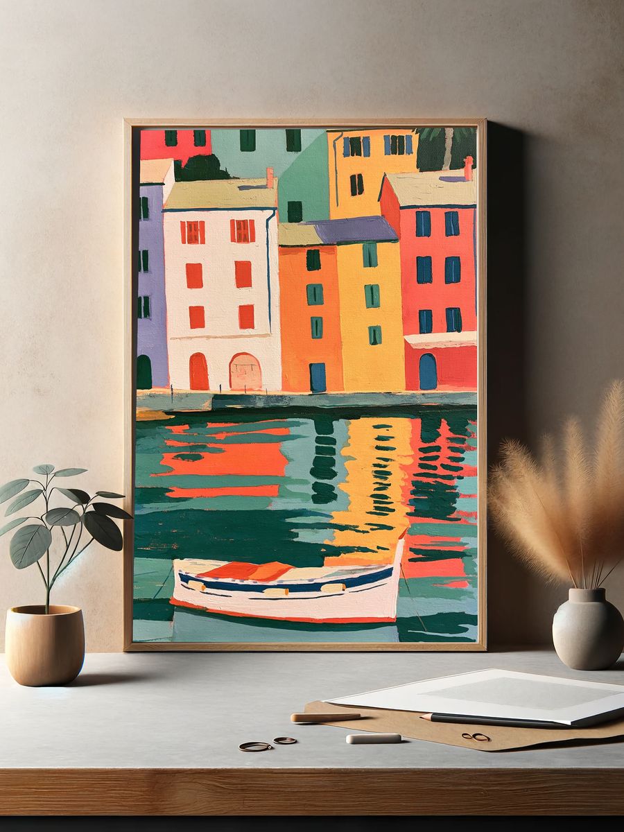 Colorful Harbor Village Illustration Poster. — room view 2