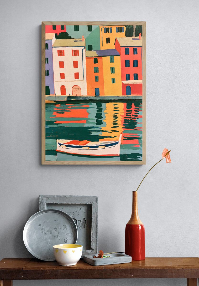 Colorful Harbor Village Illustration Poster. — room view 3